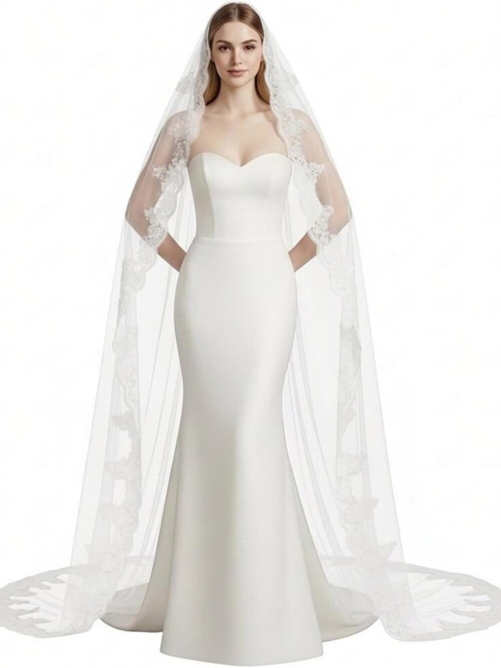 Elegant Lace Cathedral Length Wedding Veil - Soft Tulle with Comb, Bridal